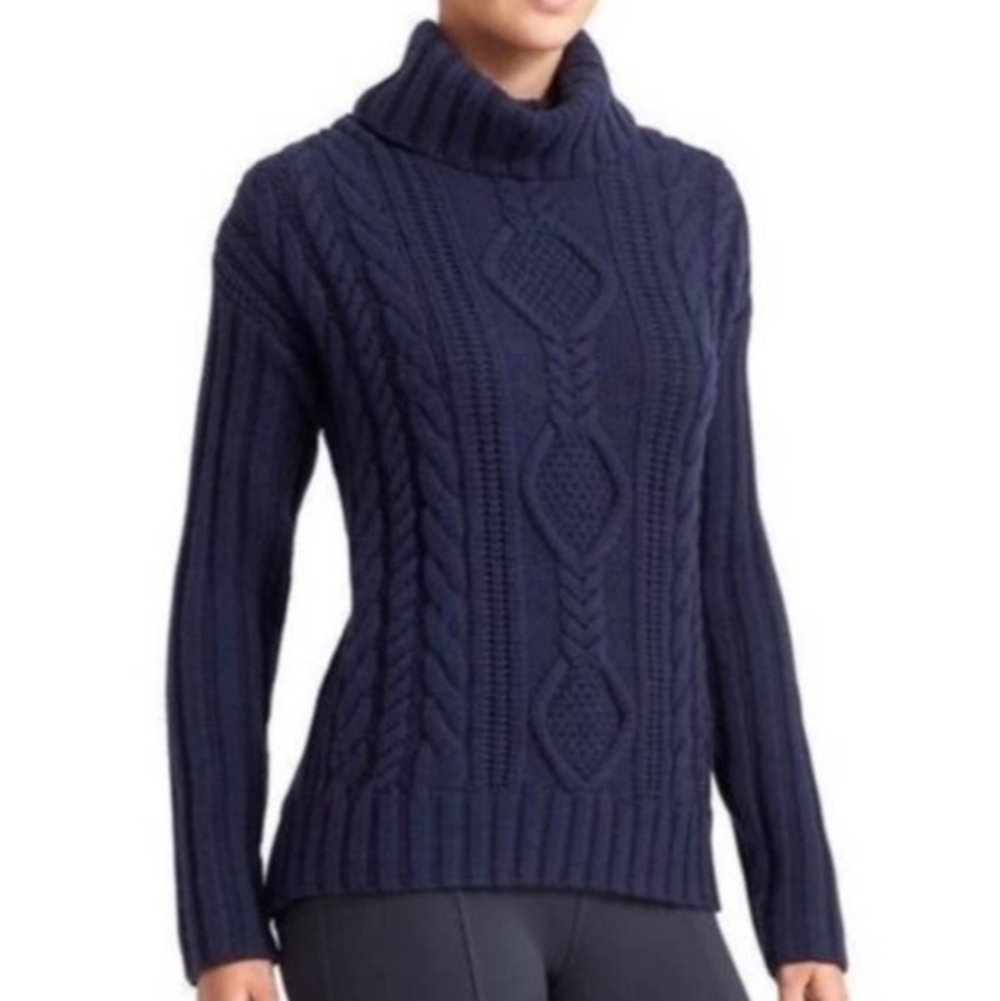 NWT, Athleta Deep Blue Cable Merino Wool Knit Cowl Neck Sweater sz L